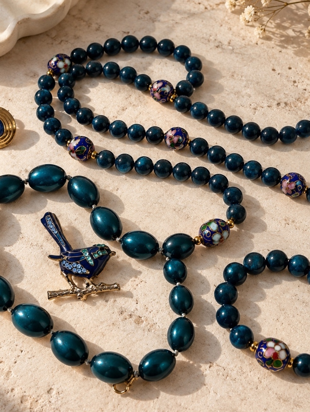 Vintage Teal Beaded Necklace & Bracelet Set with Cloisonné-Style Beads